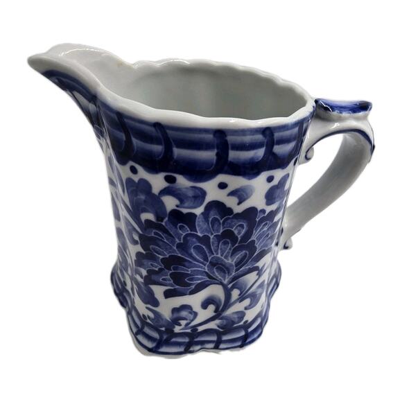 Vtg Blue White Porcelain Pitcher Vase Andrea By Sadek? Floral Chinoiserie 4.5"H - Picture 1 of 8